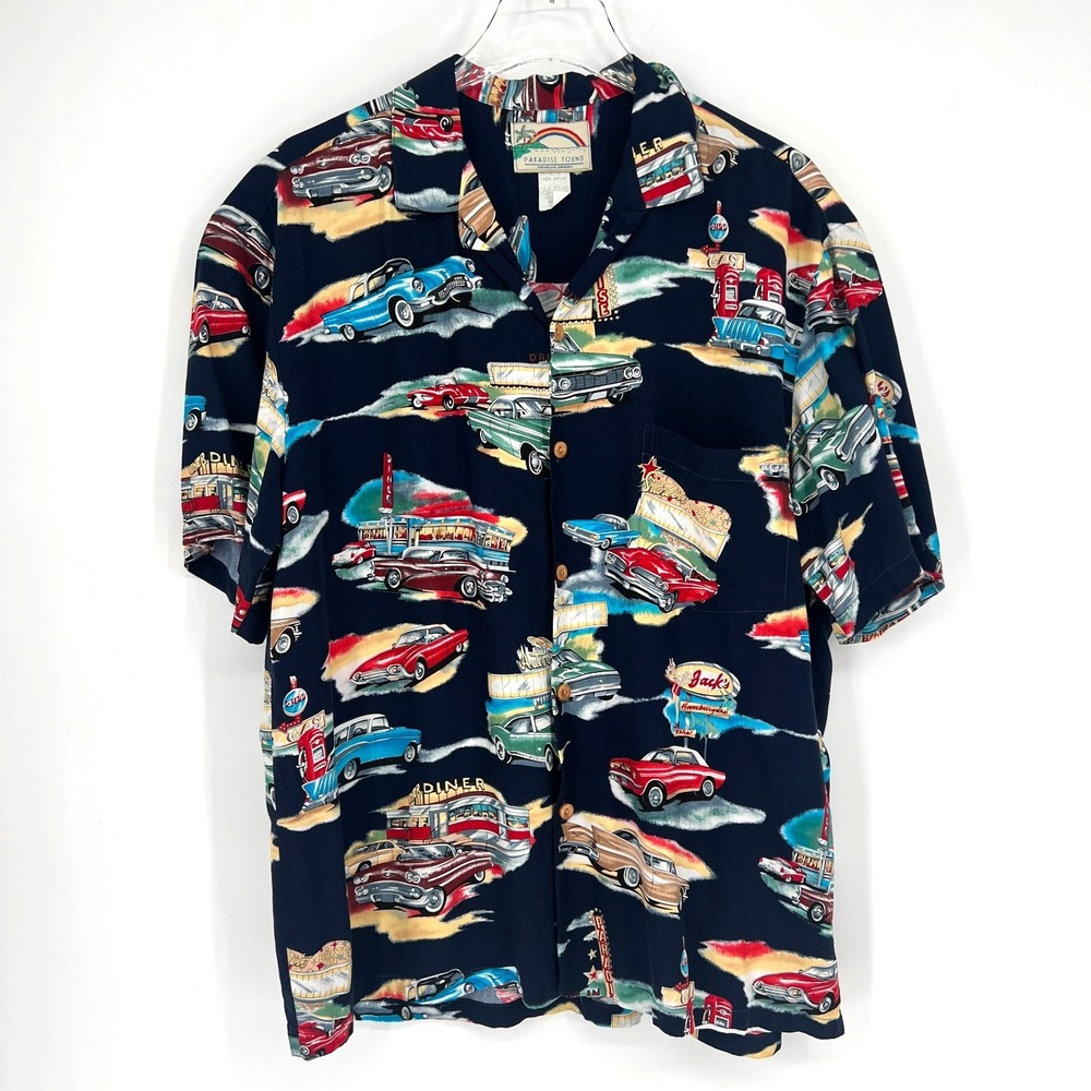 Vtg Paradise Found Shirt Mens L Hawaiian Classic‎ Car Diner 50s 60s Drive In